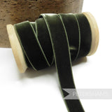 Petershams Millinery Supplies 16mm olive green elastic stretch velvet ribbon on a wooden spool