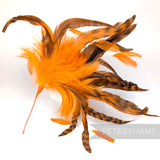 Petershams Millinery Supplies extra large orange and brown chinchilla pattern coque and hackle feather hat mount