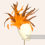 Petershams Millinery Supplies extra large orange and brown chinchilla pattern coque and hackle feather hat mount