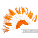 Petershams Millinery Supplies orange stripped hackle feather fan on a cotton base for hat and fascinator trimming.