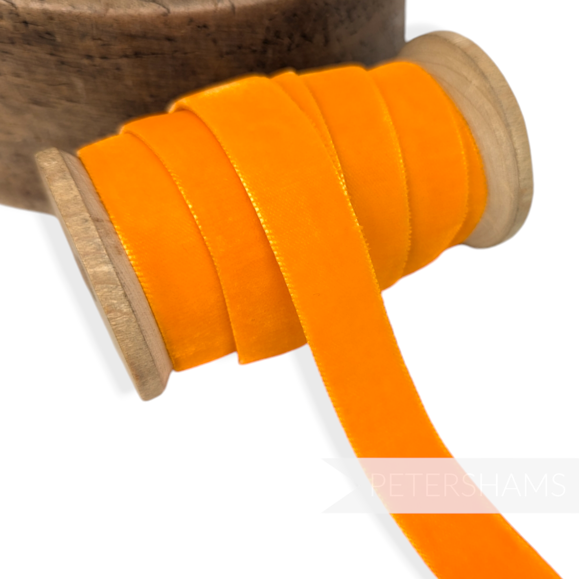 Petershams Millinery Supplies 16mm wide vintage orange rayon velvet ribbon on a wooden spool