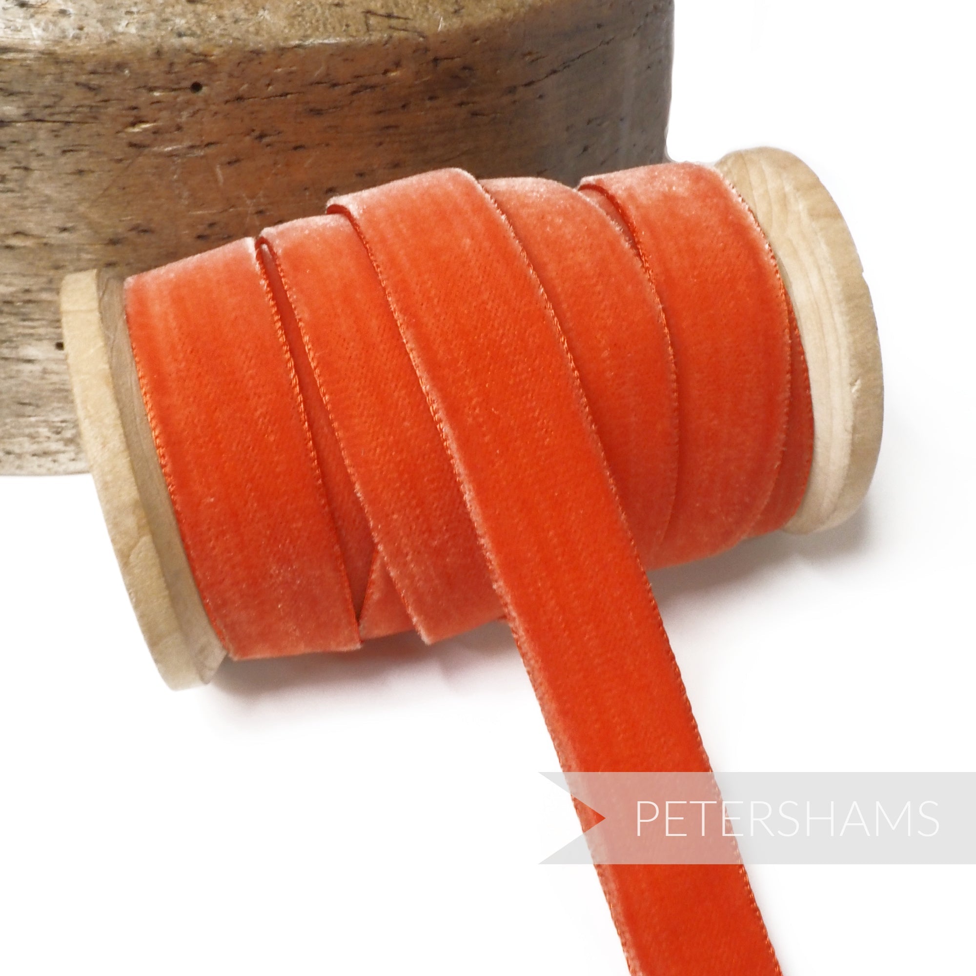 Petershams Millinery Supplies 16mm vintage burnt orange rayon velvet ribbon on a wooden spool