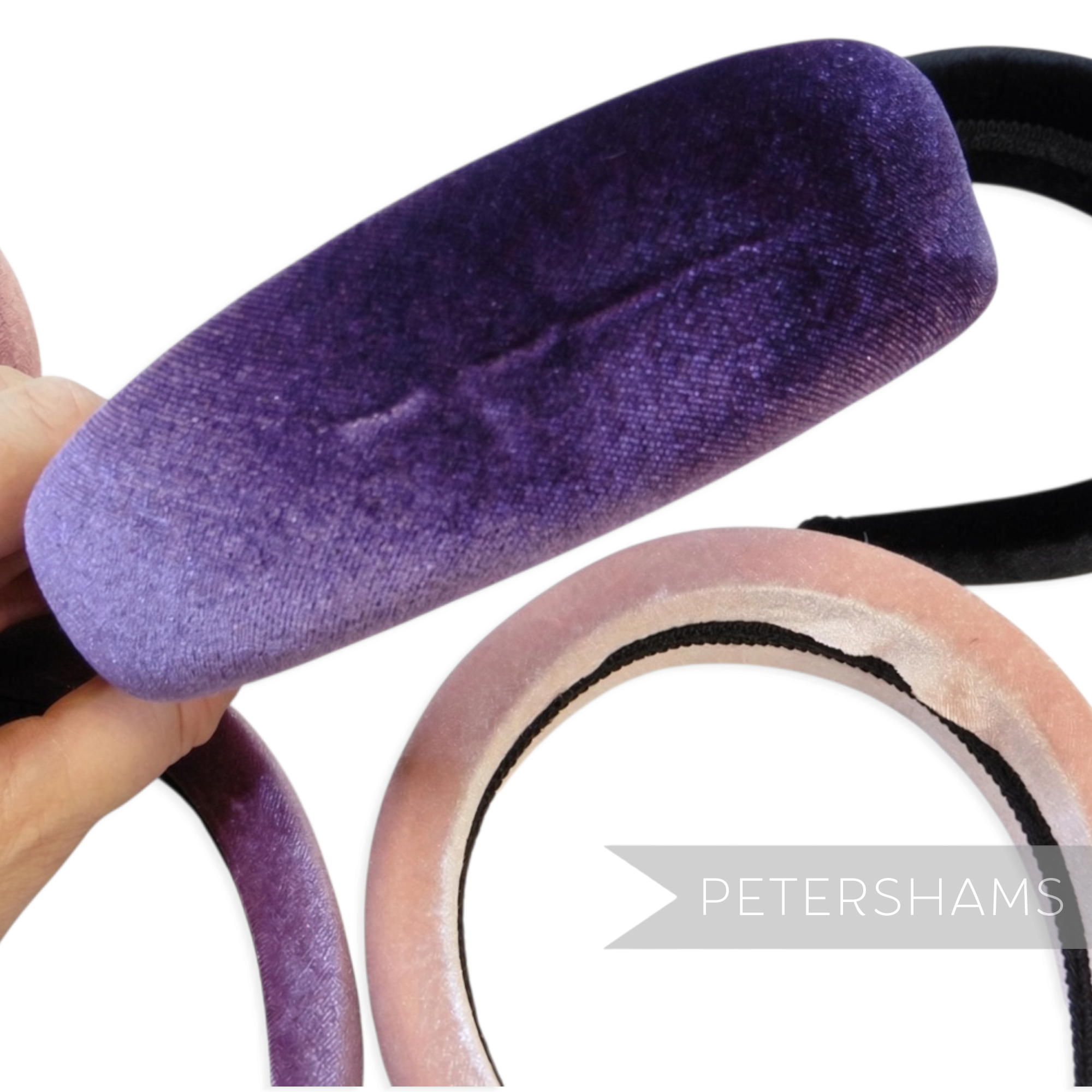 Petershams Millinery Supplies pack of 5 assorted damaged 40mm wide padded headbands in velvet and satin fabrics.