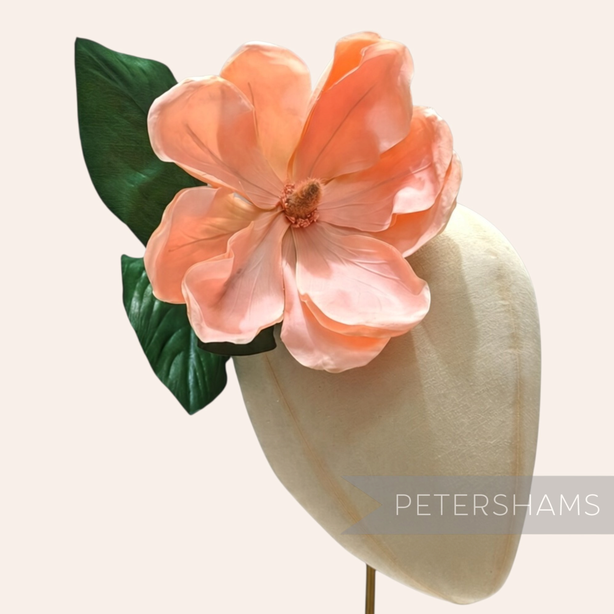 Petershams Millinery Supplies vintage 1980s peach fabric magnolia flower with green leaves