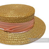 Petershams Millinery Supplies pleated satin puggaree hat band in peach wrapped around a straw boater hat