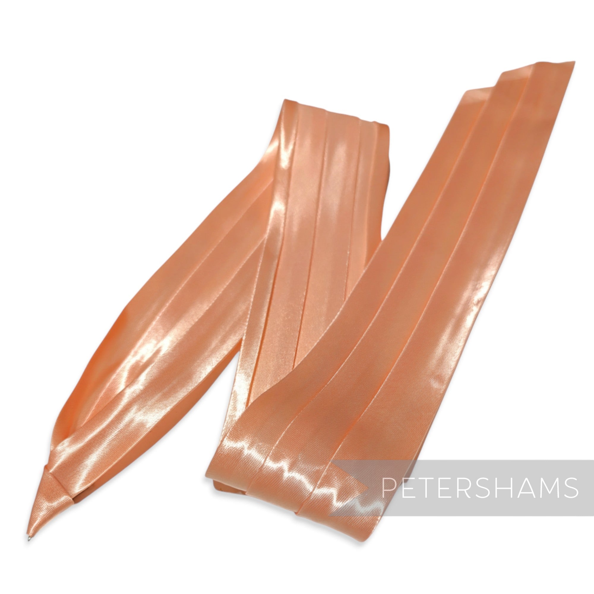 Petershams Millinery Supplies peach satin puggaree hat band with pleated design and metal pin tab