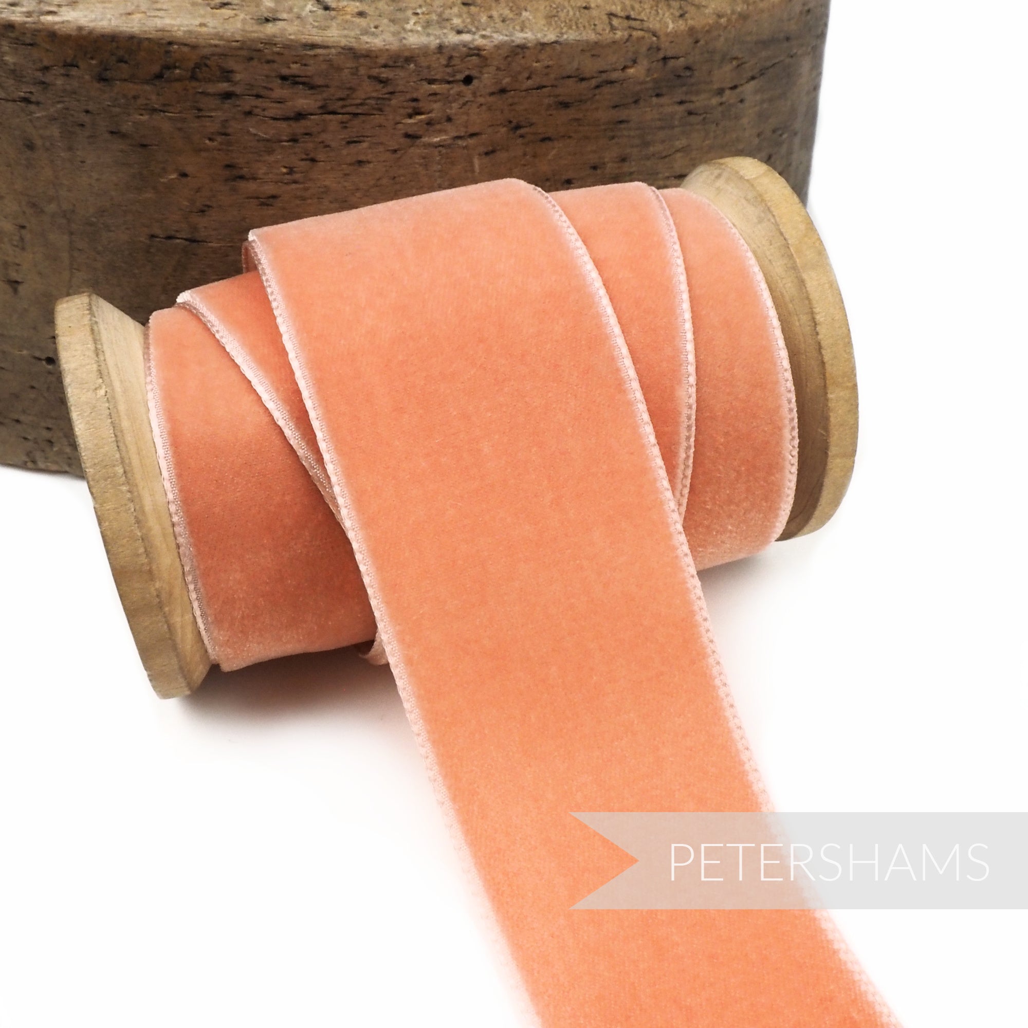 Petershams Millinery Supplies 36mm blush French velvet ribbon on a wooden spool with a luxurious pile and sheen