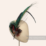 Petershams Millinery Supplies Terrance large feather hat mount with peacock, pheasant, and turkey feathers.