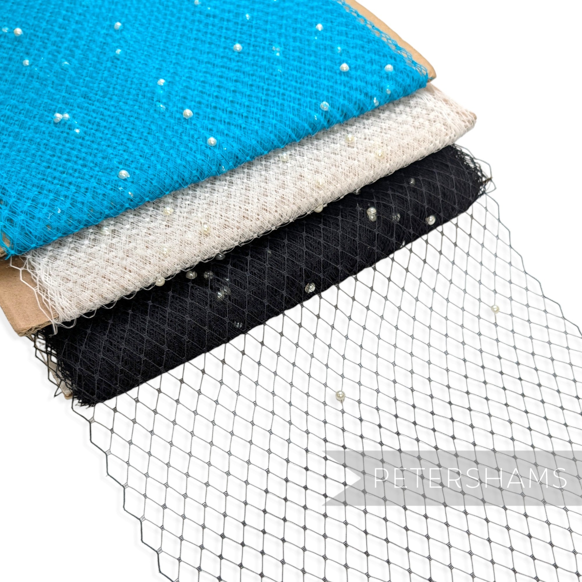 Petershams Millinery Supplies pearl embellished veiling in blue, ivory, and black for wedding birdcage veils and hats.