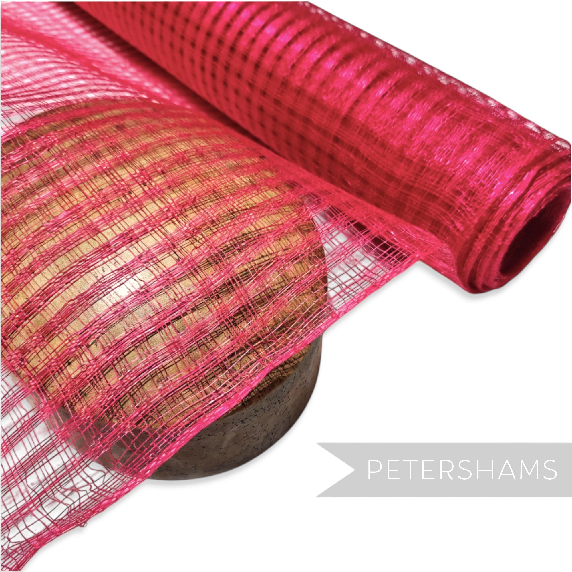 Petershams Millinery Supplies bright pink basket weave sinamay fabric with a large open weave, ideal for hat making.