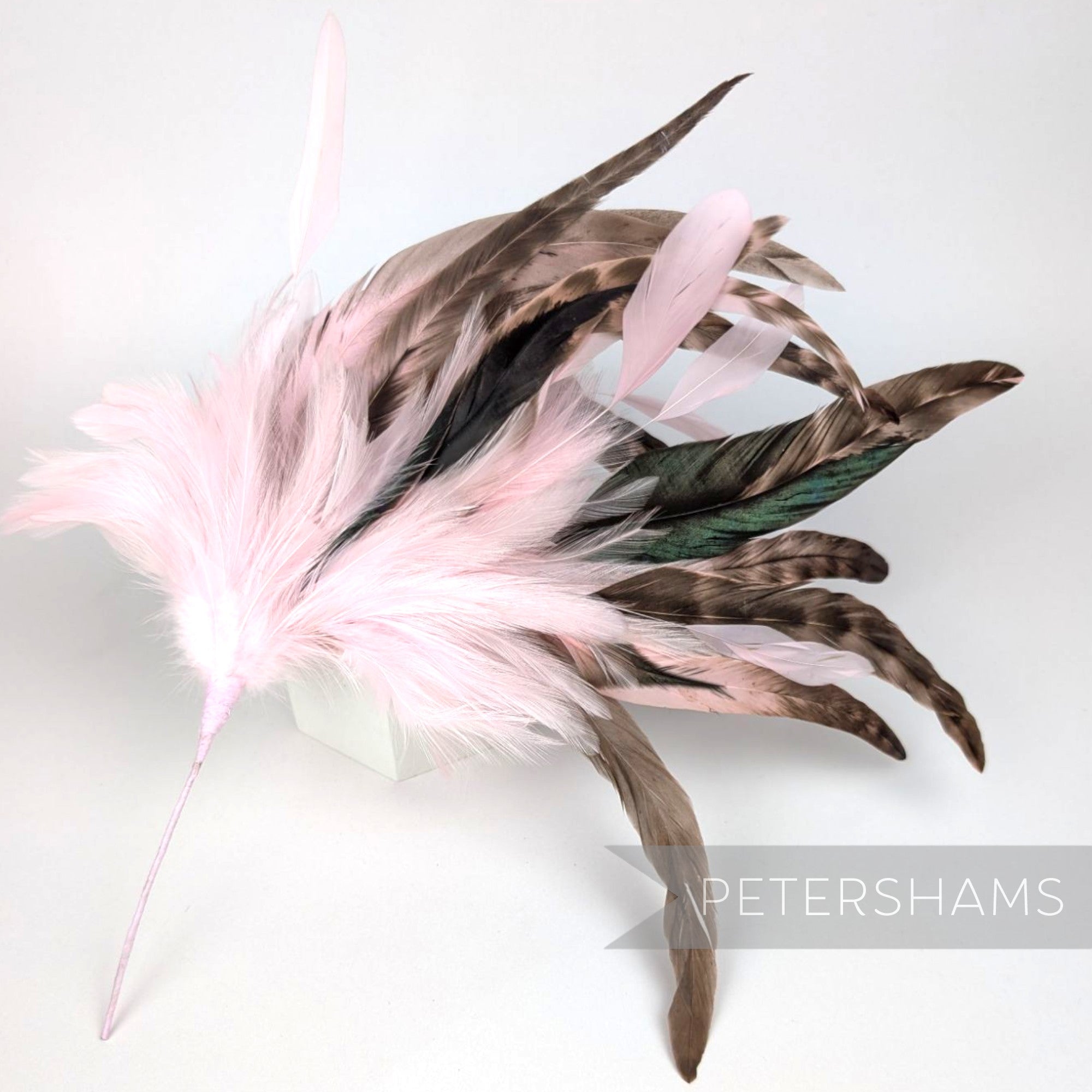 Petershams Millinery Supplies extra large feather hat mount with pink and brown chinchilla pattern coque feathers