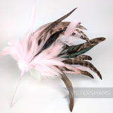 Petershams Millinery Supplies extra large feather hat mount with pink and brown chinchilla pattern coque feathers