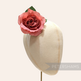 Petershams Millinery Supplies Annie small pink fabric camellia flower with green leaves on a wired stem