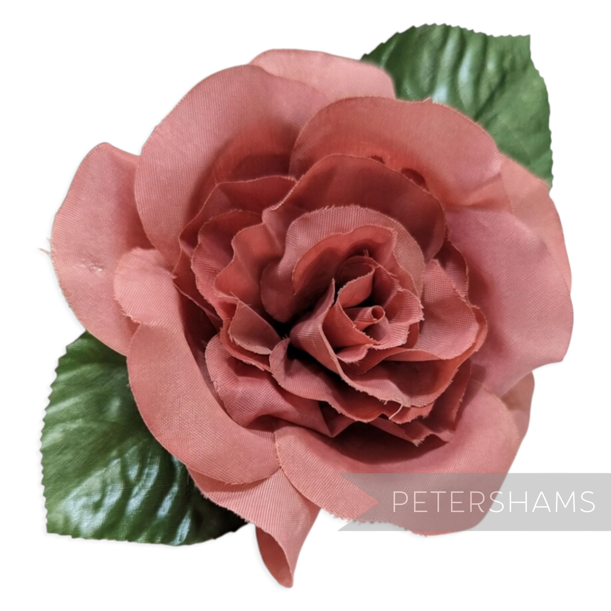 Petershams Millinery Supplies Annie small dusty pink fabric camellia flower with green wired leaves on a stem
