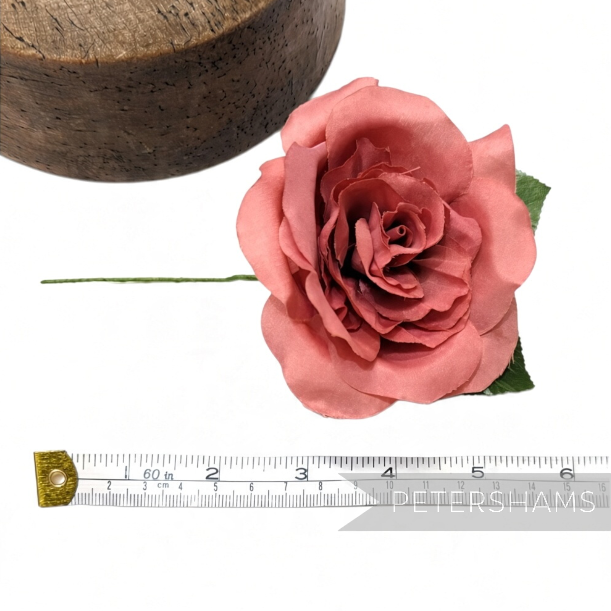 Petershams Millinery Supplies Annie small 8cm dusty pink fabric camellia flower with green wired leaves on a stem