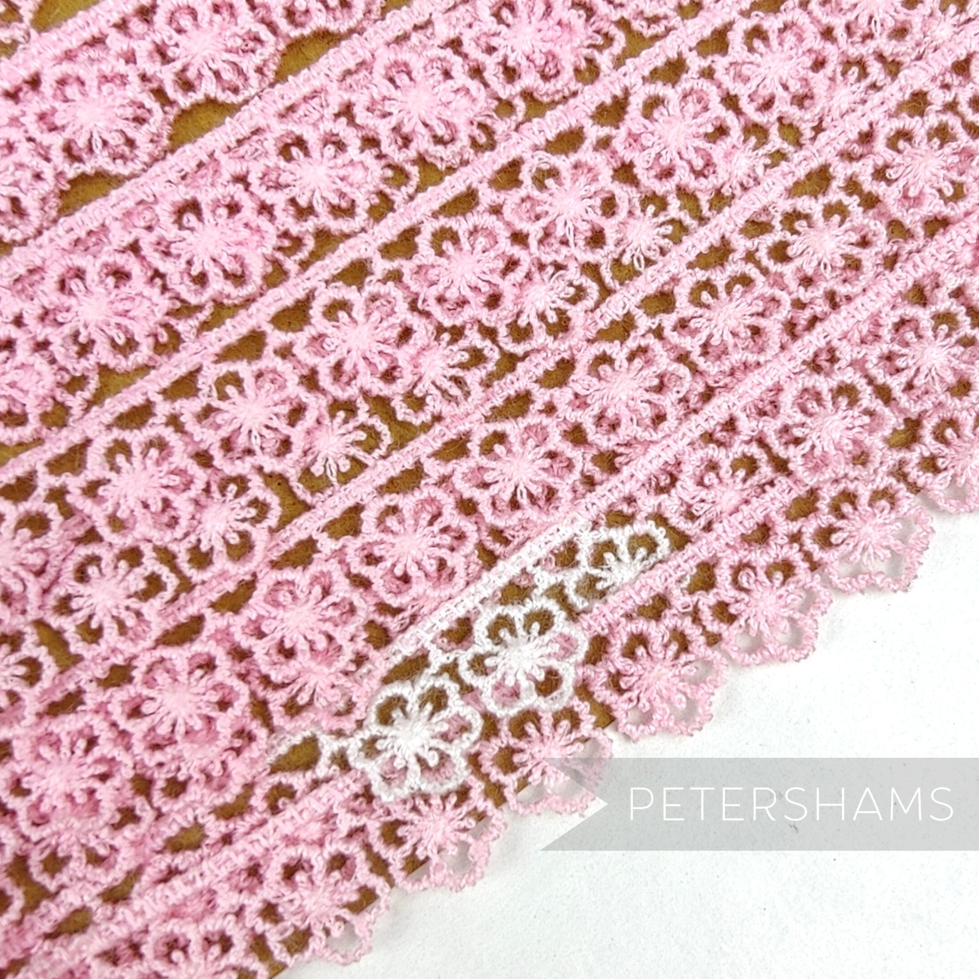 Petershams Millinery Supplies vintage 11mm pink daisy lace trim with delicate floral pattern and scalloped edge