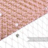 Petershams Millinery Supplies pink diamond-patterned veiling embellished with clear acrylic diamantes for millinery.