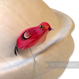 Petershams Millinery Supplies vintage pink feather bird ornament on a wire stem for millinery and craft projects.
