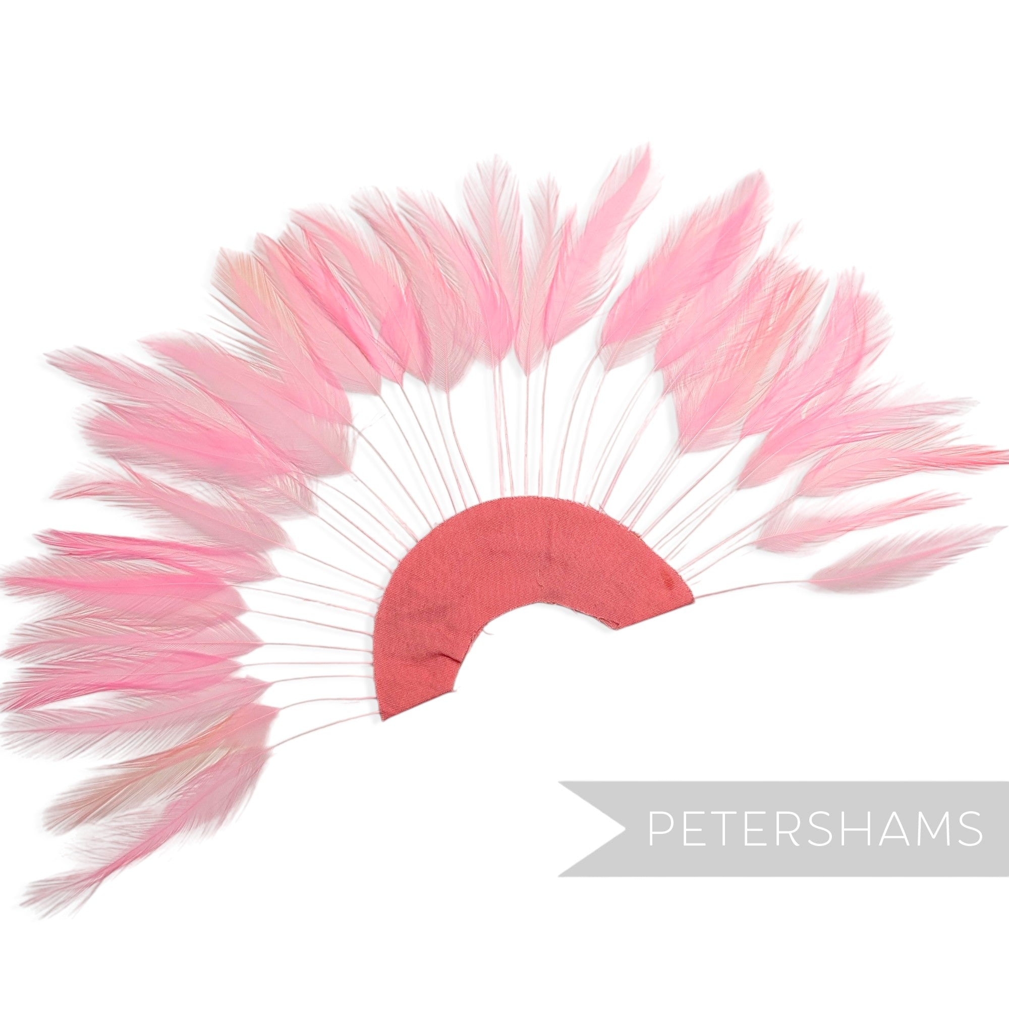 Petershams Millinery Supplies candy pink stripped hackle feather fan on a half circle cotton base for hat trimming