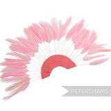 Petershams Millinery Supplies candy pink stripped hackle feather fan on a half circle cotton base for hat trimming