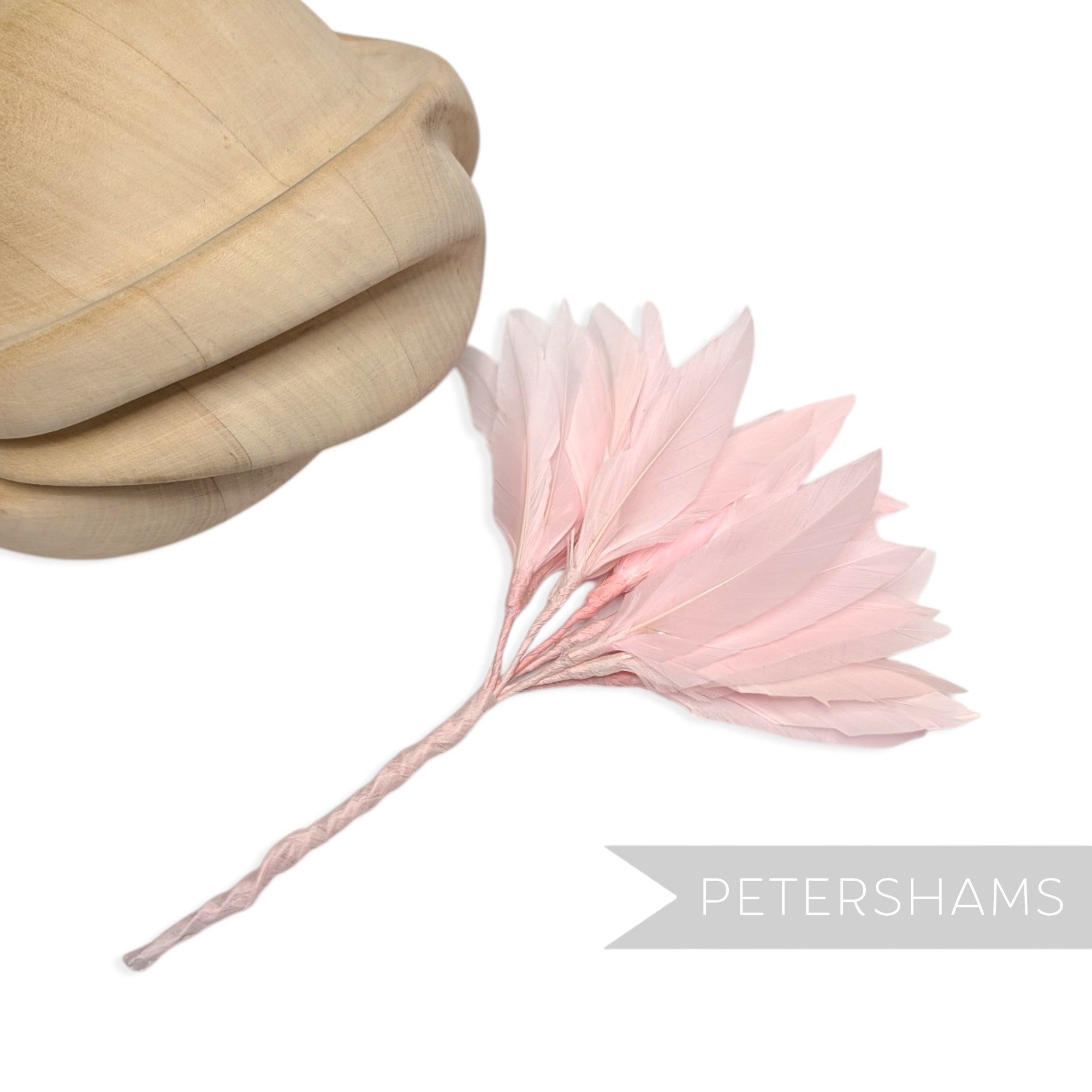 Petershams Millinery Supplies Kay light pink goose feather pom flower millinery mount with wired stems