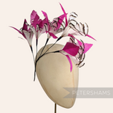 Petershams Millinery Supplies extra large pink and white lady amherst and goose feather flower hat mount on a head form
