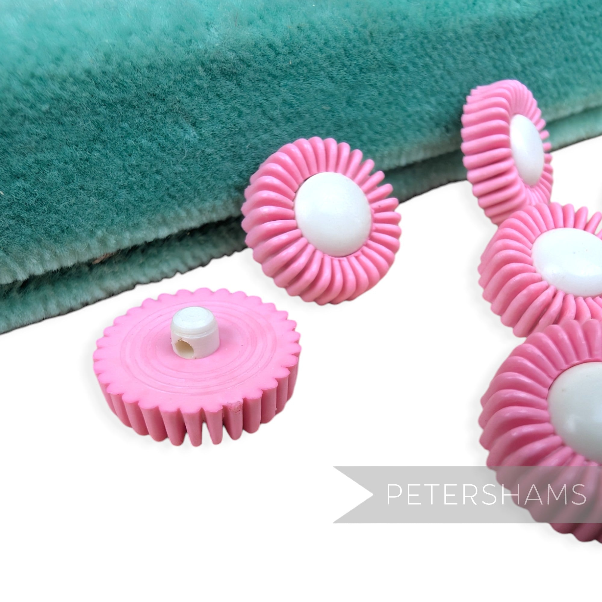 Petershams Millinery Supplies vintage 1960s pink and white flower shank buttons, 14mm plastic daisy sewing notions