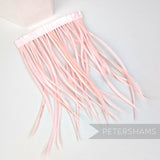 Petershams Millinery Supplies extra long pale pink goose biot feather fringe on a stitched satin ribbon binding