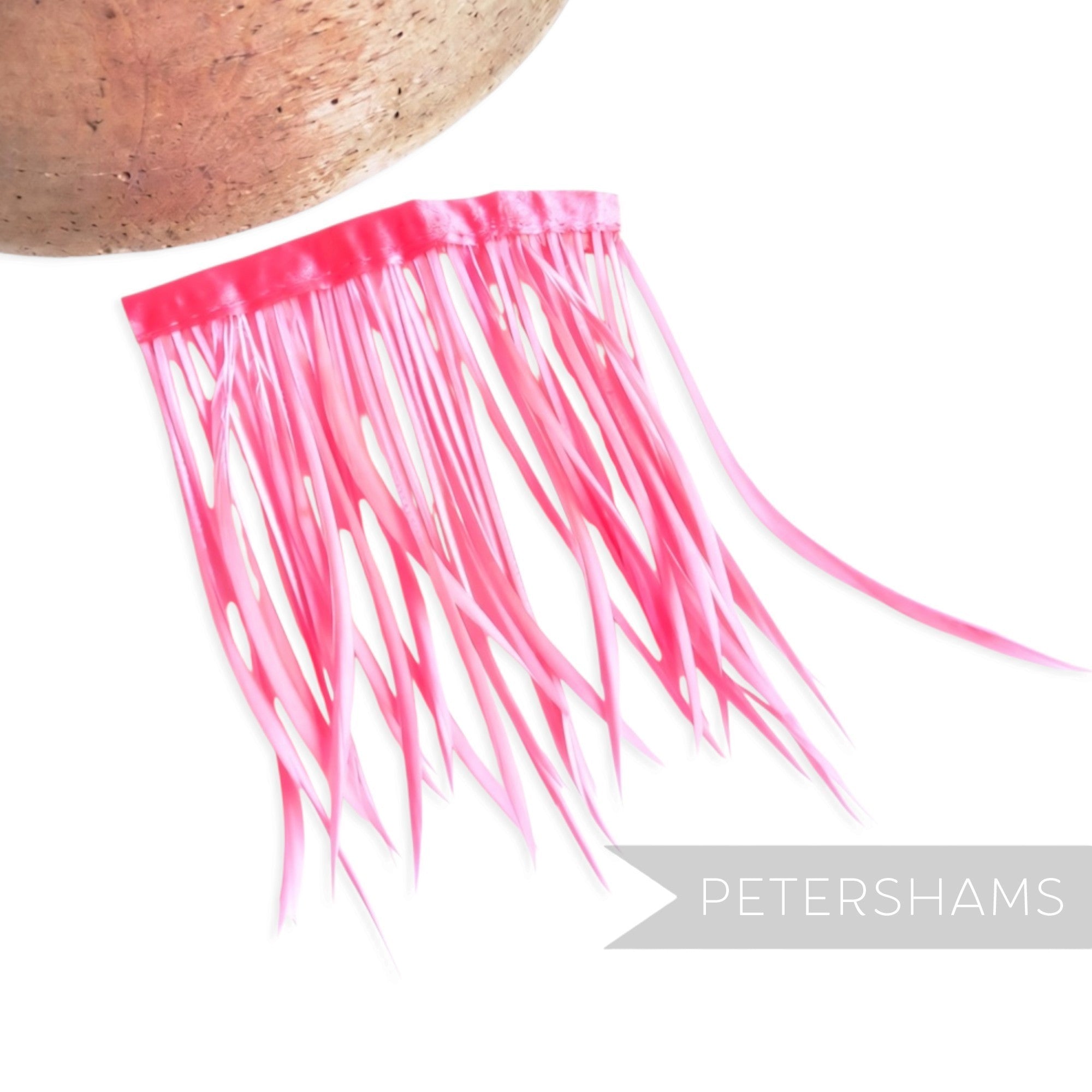 Petershams Millinery Supplies bright pink goose biot feather fringe with satin ribbon binding for millinery crafts