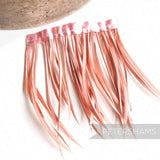 Petershams Millinery Supplies goose biot feather fringe in a soft dusty pink attached to a satin ribbon binding