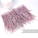Petershams Millinery Supplies extra long dusky pink goose biot feather fringe on a satin ribbon binding