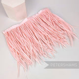 Petershams Millinery Supplies extra long pale pink goose biot feather fringe on a stitched satin ribbon binding