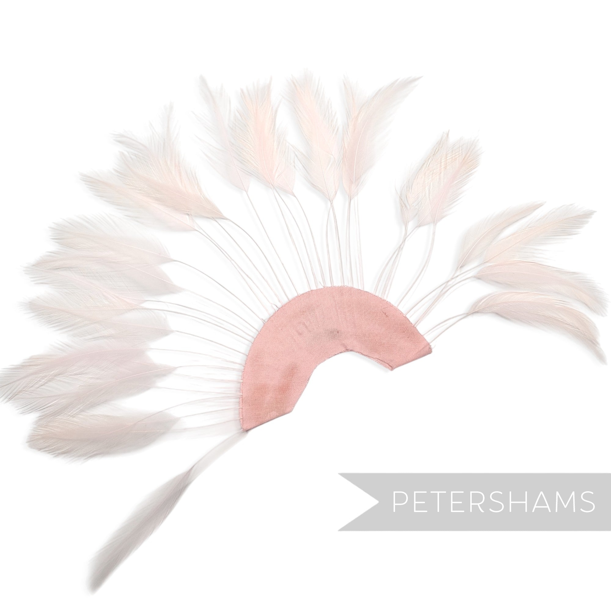 Petershams Millinery Supplies pink stripped hackle feather fan on a cotton base for hat and fascinator trimming.