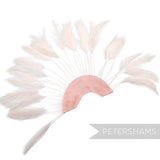 Petershams Millinery Supplies pink stripped hackle feather fan on a cotton base for hat and fascinator trimming.