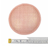 Petershams Millinery Supplies round pink metallic lurex sinamay fascinator hat base measuring 13.5cm in diameter.