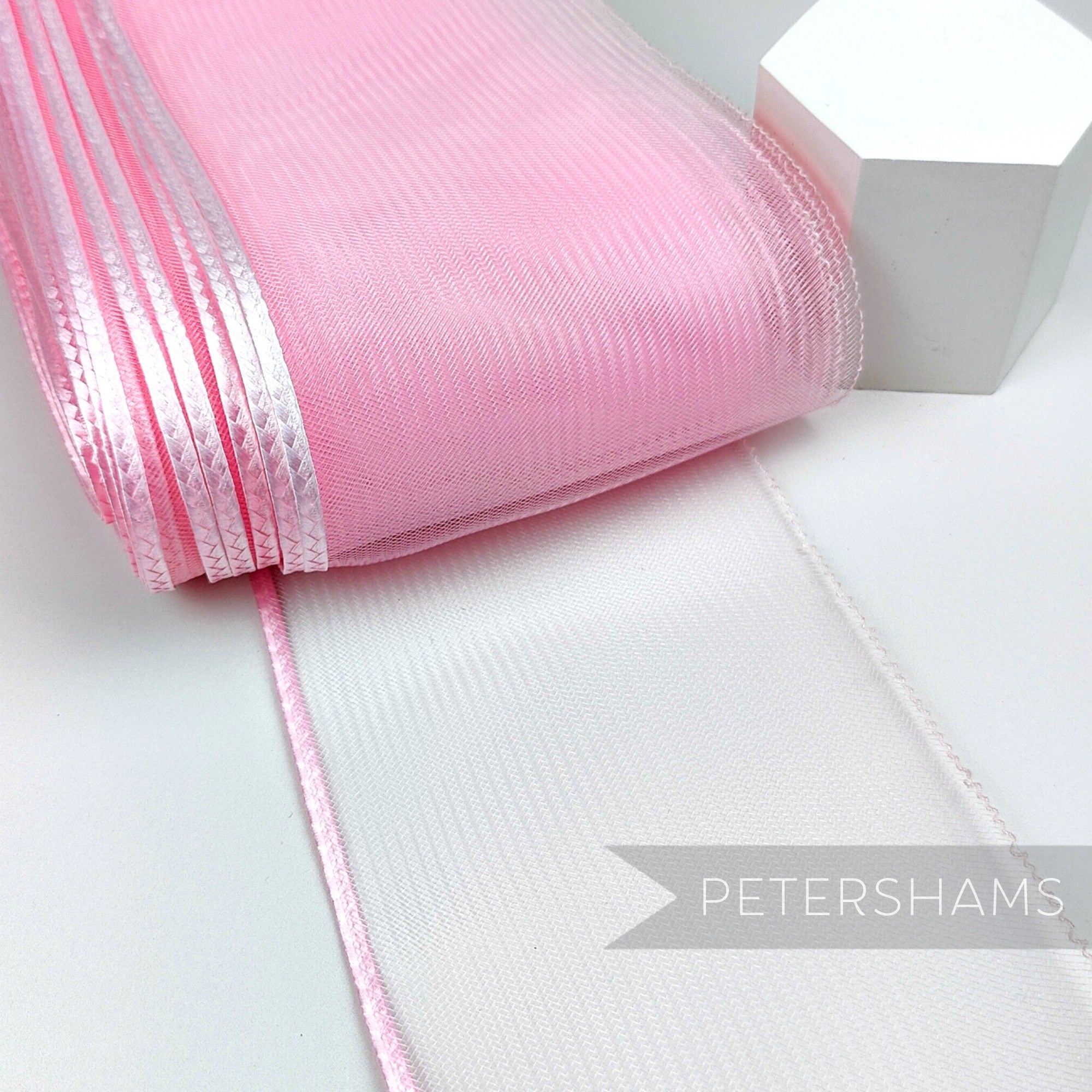 Petershams Millinery Supplies 15cm wide pink crinoline ribbon with a shiny polybraid edge for hat making