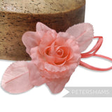 Petershams Millinery Supplies Zahra petite pink silk flower hat mount with wired leaves and loops on a wire stem