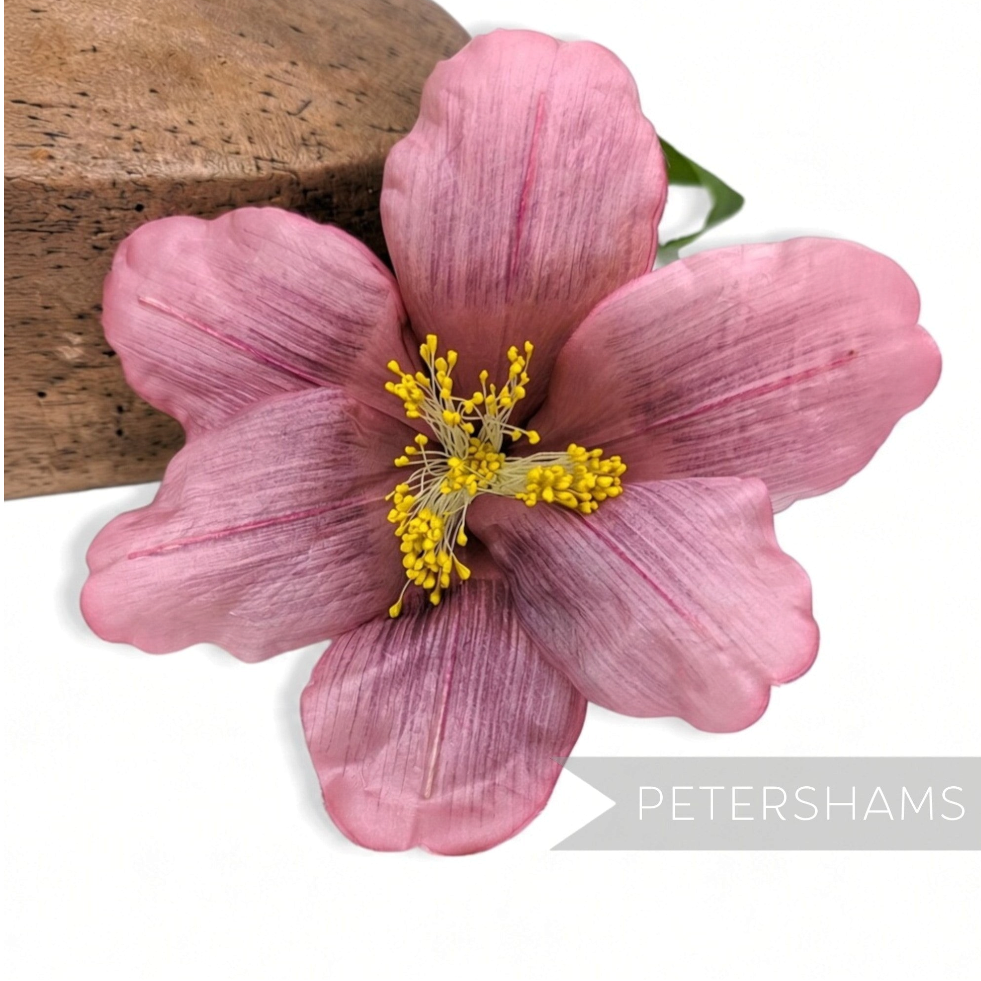 Petershams Millinery Supplies vintage 1950s pink silk hibiscus flower with long yellow stamens for hat making
