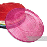 Petershams Millinery Supplies large round pink sinamay fascinator hat base with a shallow crown for millinery projects.