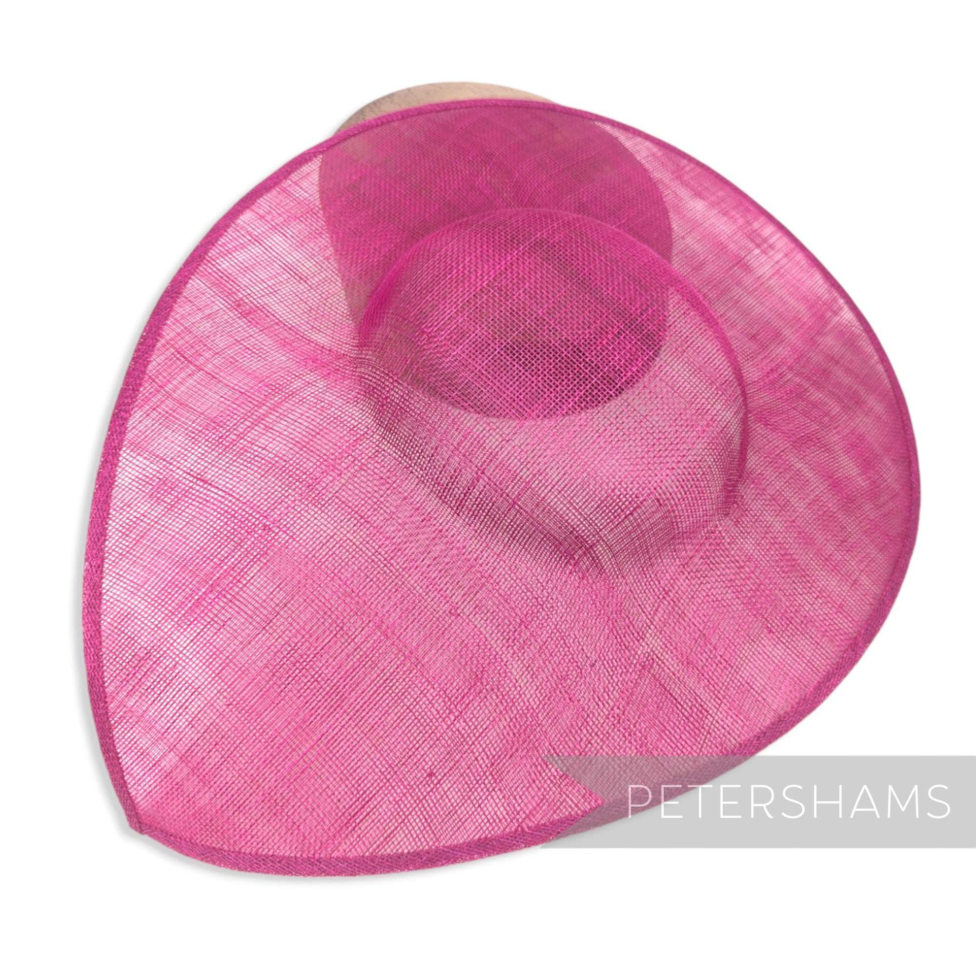 Petershams Millinery Supplies extra large pink sinamay fascinator hat base with a pointed tip and shallow crown.