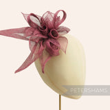 Petershams Millinery Supplies large layered sinamay flower hat mount in deep pink with loops and leaves.