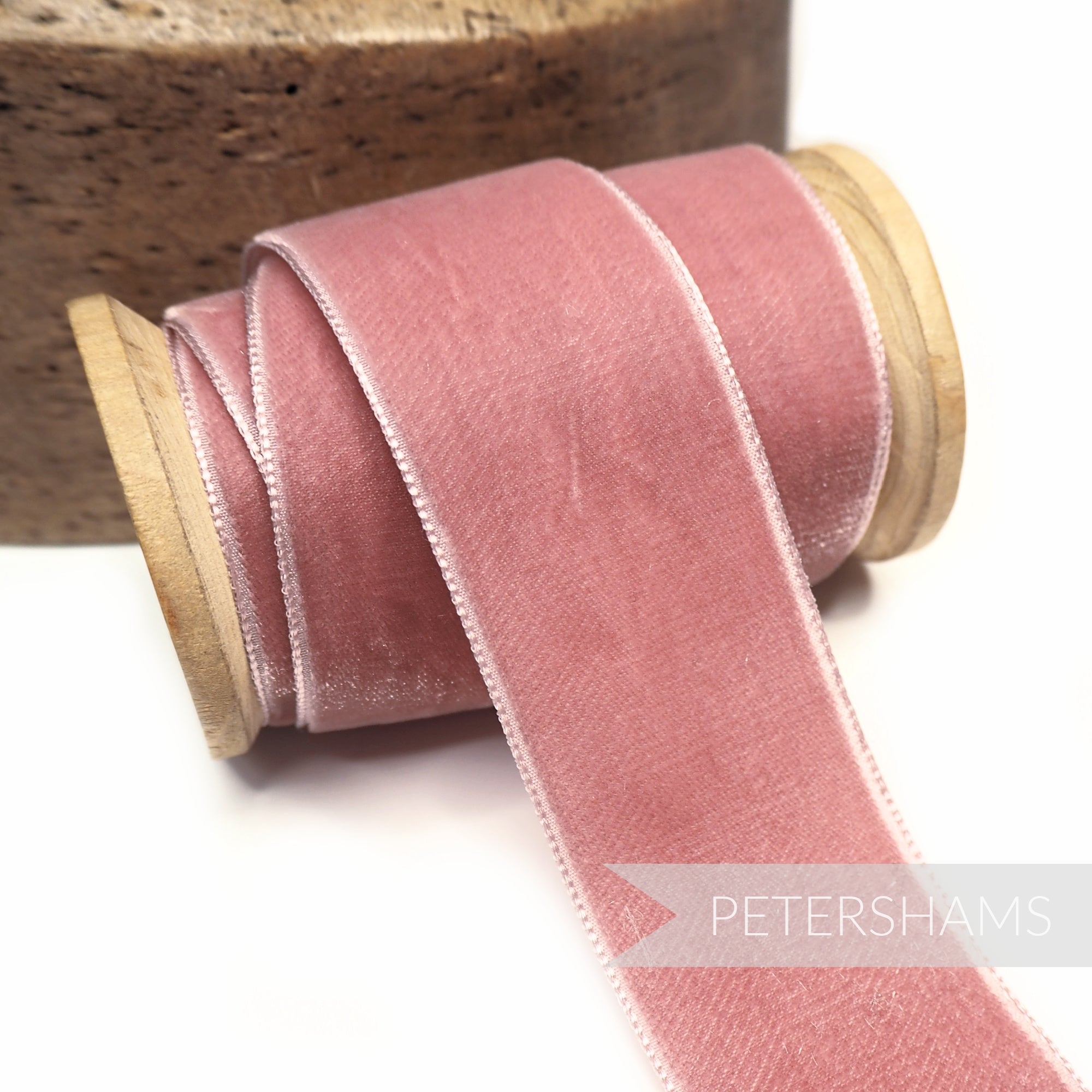 Petershams Millinery Supplies 36mm victorian rose French velvet ribbon on a wooden spool for craft and millinery projects.