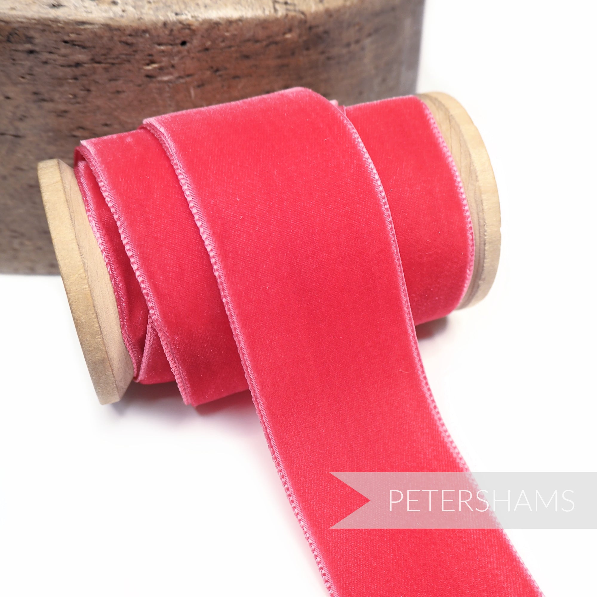 Petershams Millinery Supplies 36mm wide fuchsia pink French velvet ribbon on a wooden spool