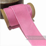 Petershams Millinery Supplies 38mm wide vintage pink velvet ribbon on a wooden spool for millinery and craft projects.