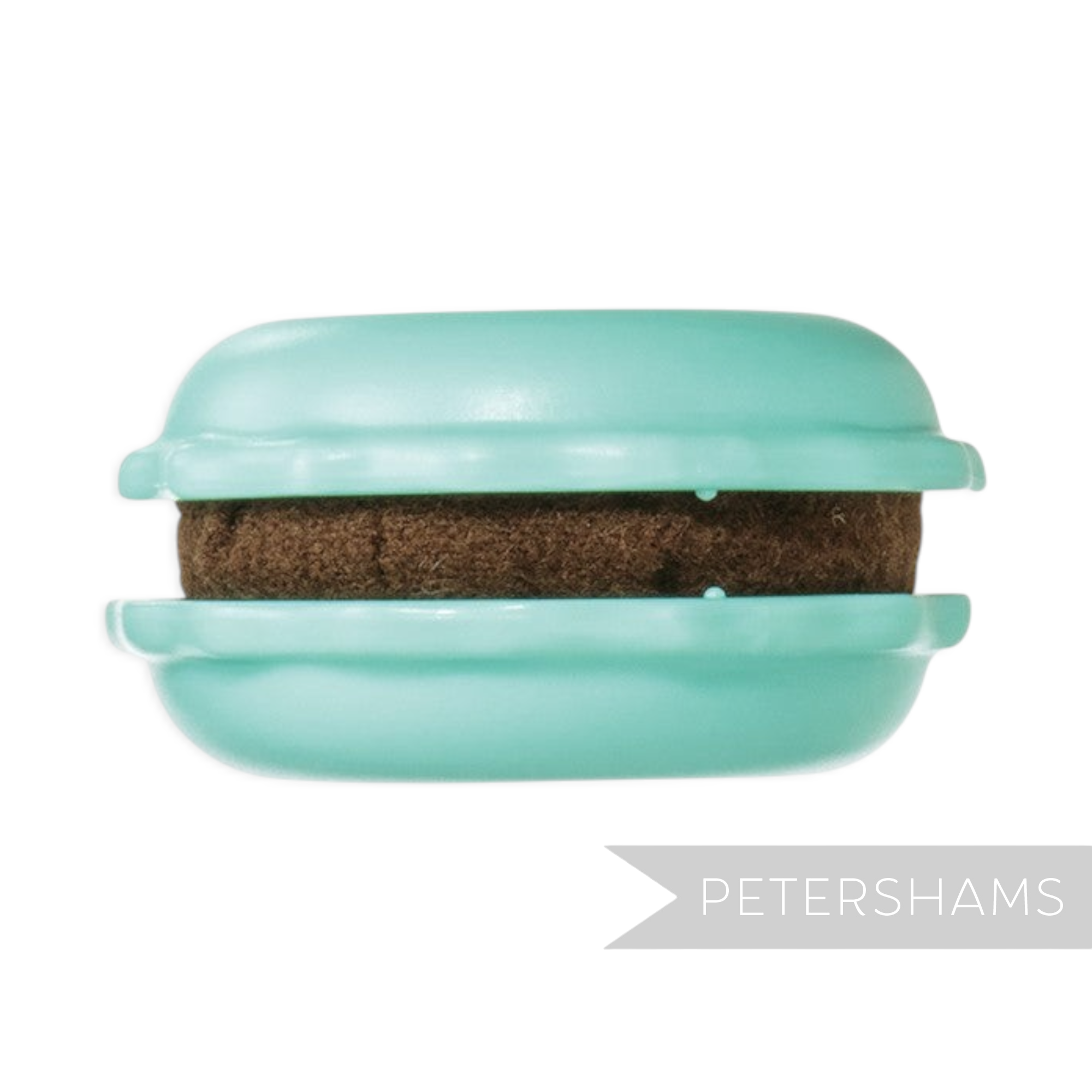 Petershams Millinery Supplies pistachio green macaron needle minder and sharpener with a brown abrasive filling.