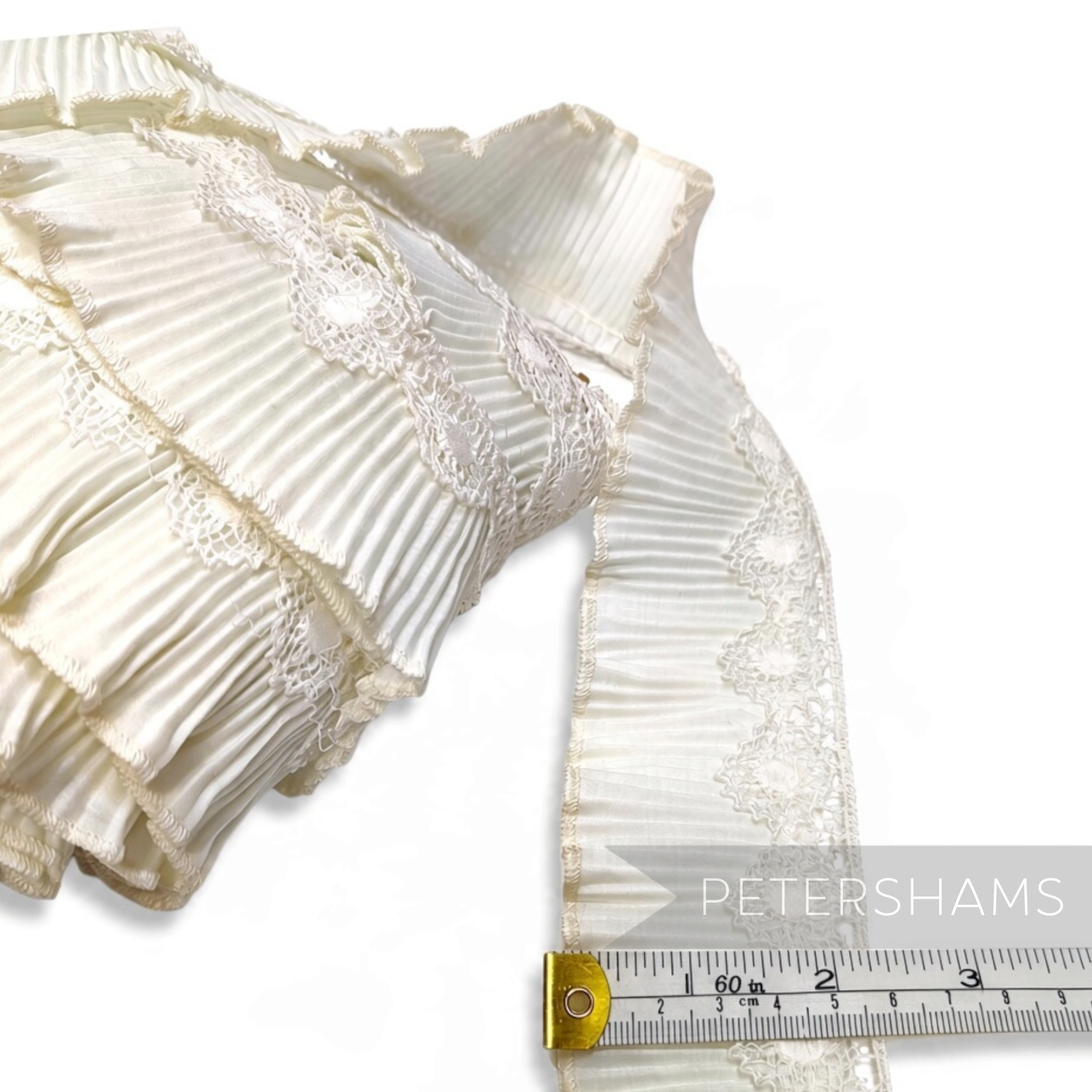 Petershams Millinery Supplies vintage 1960s white pleated cotton trim with delicate guipure lace edge, 52mm wide.