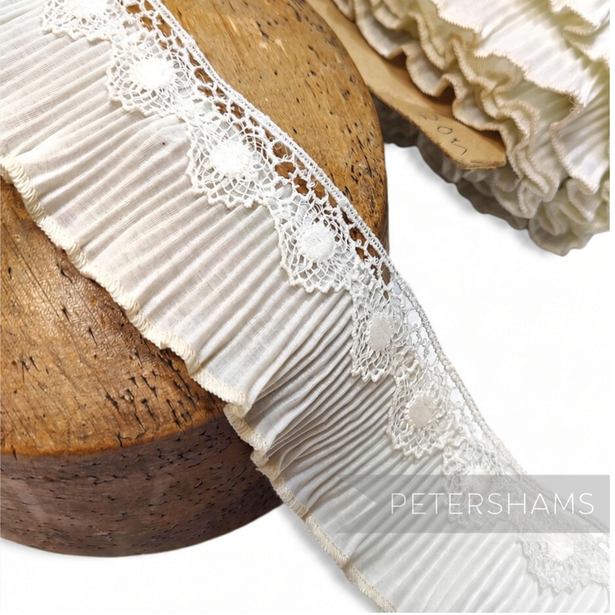 Petershams Millinery Supplies vintage 1960s pleated cotton trim with delicate white guipure lace edge