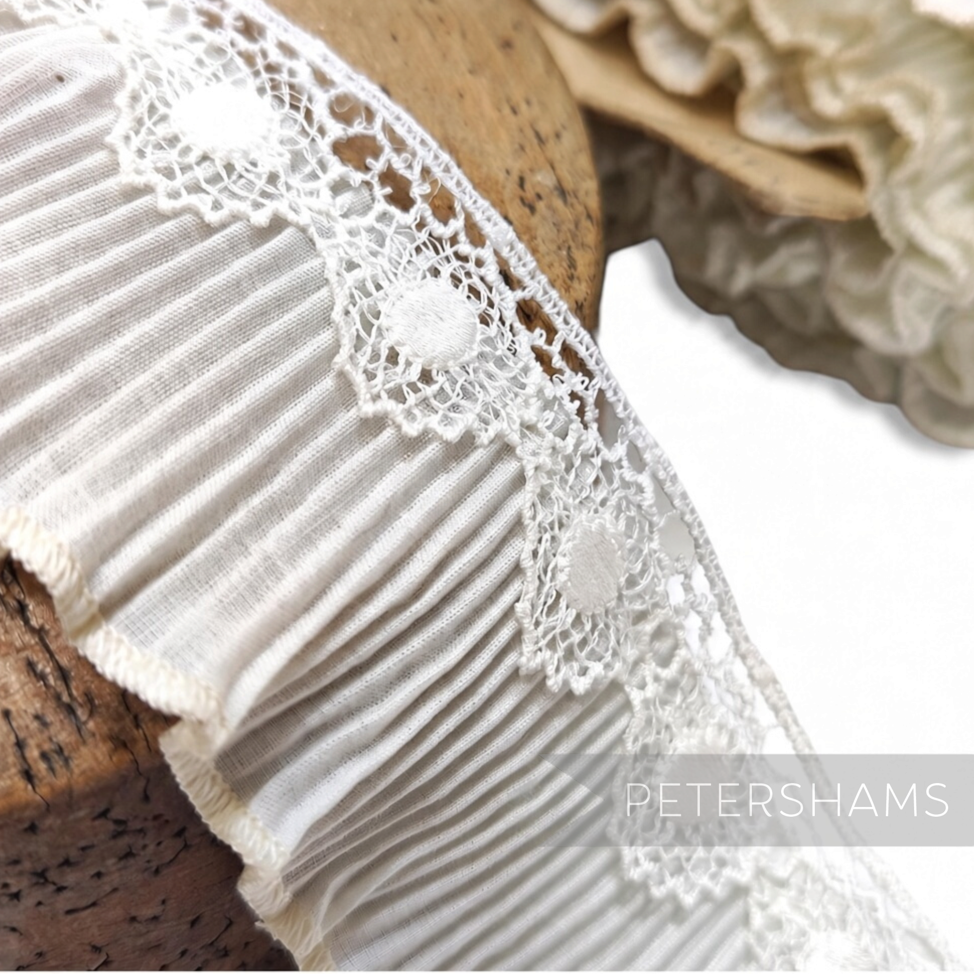 Petershams Millinery Supplies vintage 1960s pleated cotton trim with delicate white guipure lace edge