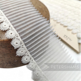 Petershams Millinery Supplies vintage 1950s white pleated synthetic trim with circular guipure lace edge