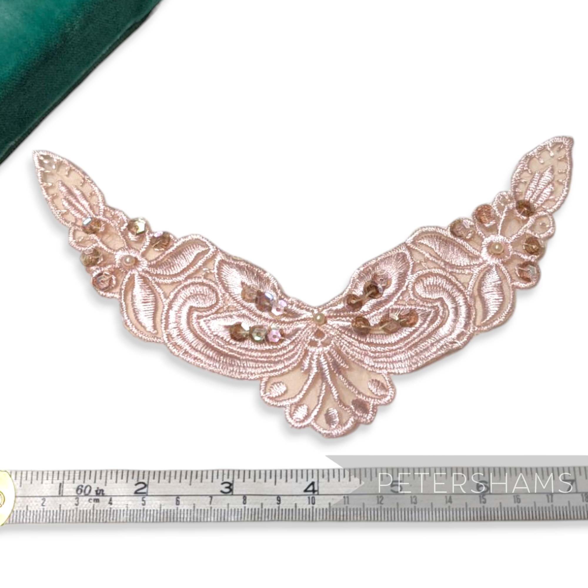 Petershams Millinery Supplies Polly floral lace motif in blush pink with beads and sequins on embroidered organza